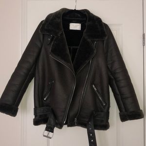 Faux leather biker jacket with fur